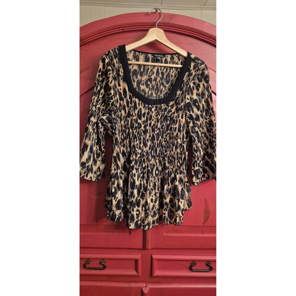 George 2X Leopard Print Pleated Blouse Chiffon Scoop Neck 3/4 Sleeve Top Plus